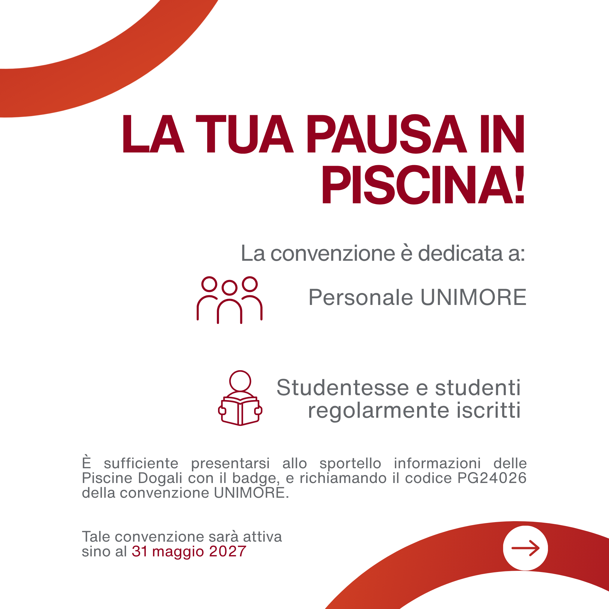 Per la stagione 2026/2027, il personale universitario e gli studenti e le studentesse regolarmente iscritti a UNIMORE possono accedere alle Piscine comunali Dogali a condizioni vantaggiose